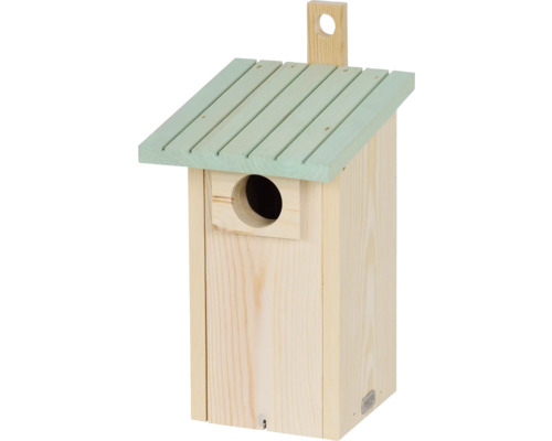 Vogelhaus aus Holz mit Einflugloch und grünem Dach