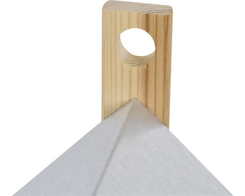 Detailansicht einer hölzernen Vogelhaus-Aufhängung mit Loch