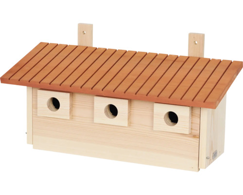 Vogelhaus aus Holz mit drei Eingängen und Dach