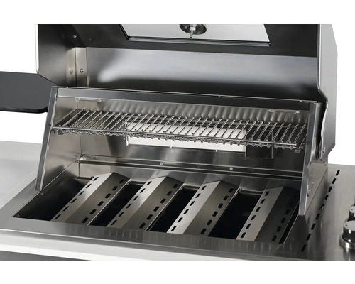 Edelstahl Grill mit Grillrost und Flammschutzblechen.