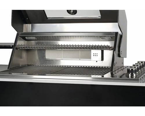 Edelstahl Grill mit geöffnetem Deckel und Grillrost