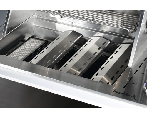 Innenansicht eines Buschbeck Gasgrills mit Grillrost, Grillplatten und Fettauffangschale