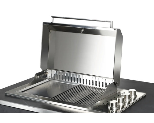 Edelstahl Einbaugrill mit offenem Deckel und Grillrost