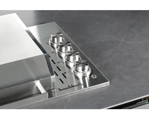 Buschbeck Logo und Grill mit vier Drehreglern