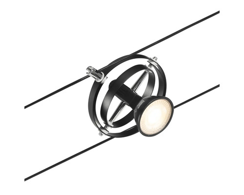 Schwarzer Seilstrahler an zwei schwarzen Seilen befestigt