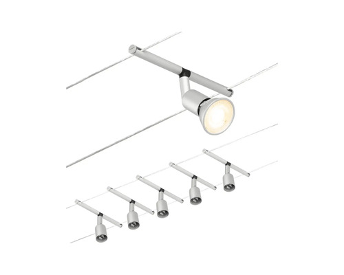 Sechs silberfarbene Seilsystemleuchten für Innenräume