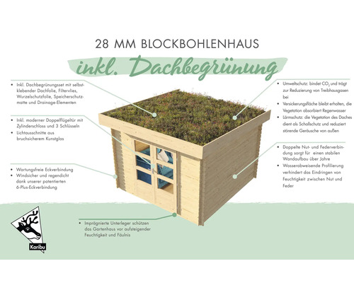 Blockbohlenhaus 28 Millimeter mit Dachbegrünung inklusive Zubehör