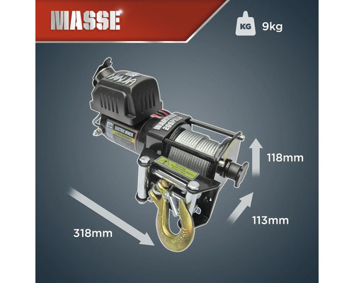 Elektrische Seilwinde mit Haken und Maßangaben