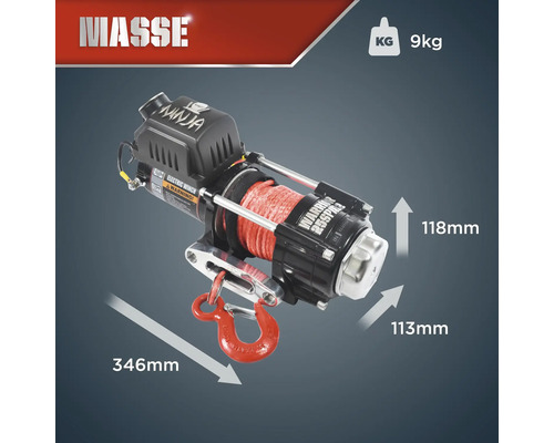 Elektrische Seilwinde mit den Massen 346 mm, 118 mm und 113 mm, Gewicht 9 kg