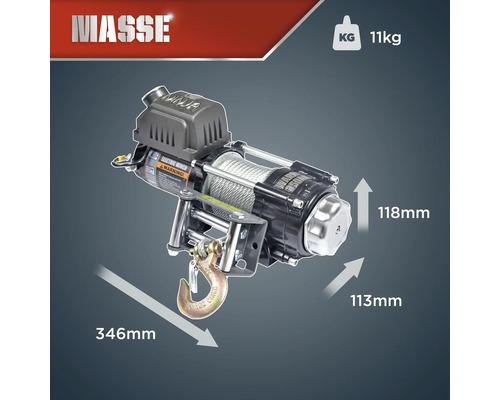 Masse Elektrowinde mit den Maßen 346 mm Länge, 118 mm Höhe und 113 mm Breite, Gewicht 11 kg
