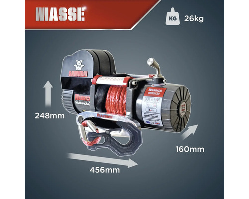 Warrior Samurai Seilwinde mit den Maßen 248 mm x 456 mm x 160 mm und einem Gewicht von 26 kg