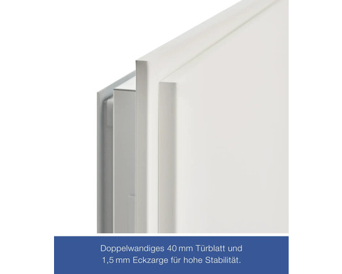 Detailansicht eines 40 Millimeter dicken, doppelwandigen Türblatts mit 1,5 Millimeter Eckzarge