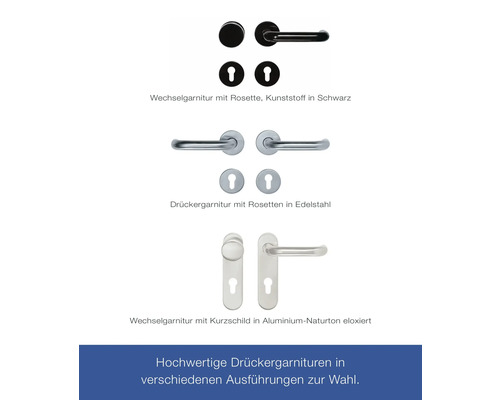 Türdrückergarnituren in verschiedenen Ausführungen: Kunststoffrosette in Schwarz, Edelstahlrosette und Kurzschild in Aluminium natur eloxiert.