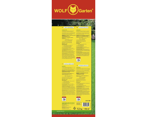 Wolf Garten Logo. Rückseite der Rasen Langzeitdünger Packung mit Produktinformationen.