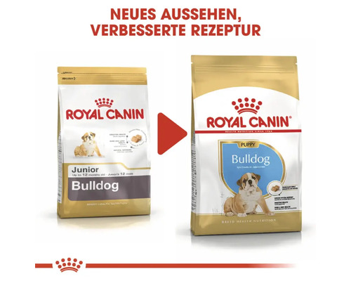 Zwei Säcke Royal Canin Bulldog Hundefutter, das neue Aussehen und die verbesserte Rezeptur hervorhebt.