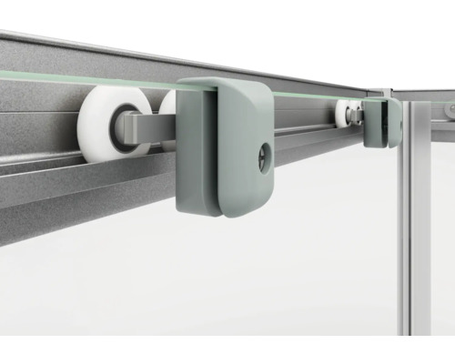 Detailansicht einer Duschkabine mit Rollenmechanismus