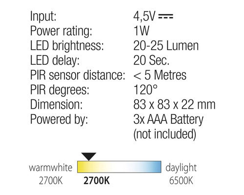 Technische Daten des Produkts: 4,5 V Eingangsspannung, 1 Watt Nennleistung, 20 bis 25 Lumen LED Helligkeit, 20 Sekunden LED Verzögerung, weniger als 5 Meter PIR Sensor Abstand, 120 Grad PIR, 83 x 83 x 22 Millimeter Dimension, Betrieb mit 3 AAA Batterien