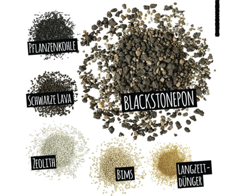 Abbildung verschiedener Substrate für Pflanzen: Pflanzenkohle, Schwarze Lava, Zeolith, Bims, Langzeitdünger und Blackstonepon