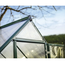 Detailaufnahme eines Gewächshauses mit Polycarbonatplatten und Metallrahmen