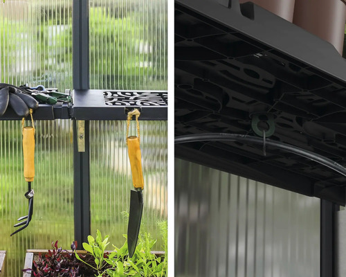 Innenansicht eines Gewächshauses mit Gartengeräten und Regalen