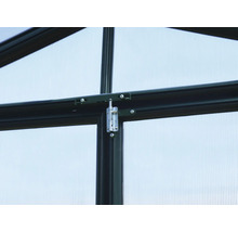 Detailansicht eines Gewächshauses mit einem Riegel an der Tür