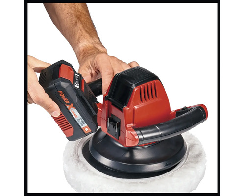 Akkubetriebene Poliermaschine mit eingesetztem Akku.