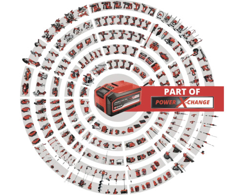 Ein Einhell Power X-Change Akku mit einer Auswahl kompatibler Werkzeuge in konzentrischen Kreisen angeordnet.