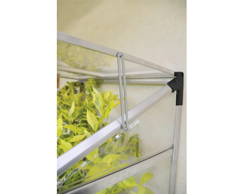 Detailansicht eines Frühbeets mit Öffnungsmechanismus und Pflanzen