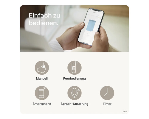 Verschiedene Steuerungsmöglichkeiten: Manuell, Fernbedienung, Smartphone, Sprachsteuerung, Timer