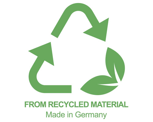 Recycling Symbol: Aus Recycling Material, hergestellt in Deutschland