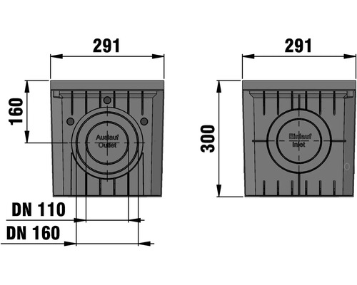 Dimensionsdarstellung eines Hofablaufs mit den Angaben DN 110 und DN 160
