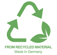 Recycling Symbol: Hergestellt aus recyceltem Material, Made in Germany