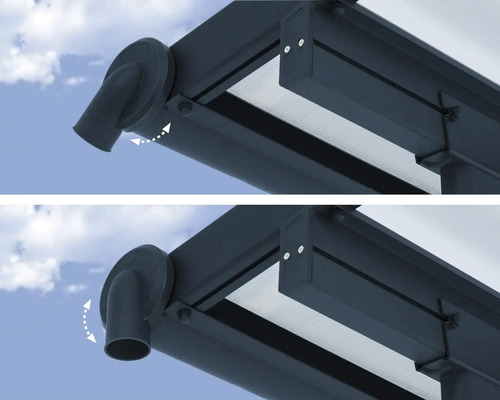 Detailansicht einer flexiblen Regenrinne an einer Terrassenüberdachung mit zwei verschiedenen Ausrichtungsmöglichkeiten