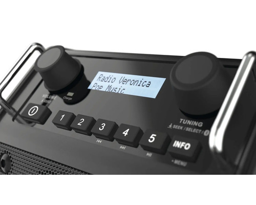 Nahaufnahme eines schwarzen Radios mit Tasten und Display
