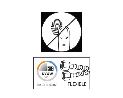 Symbol für nicht berühren und DVGW Zertifikat für flexible Schläuche
