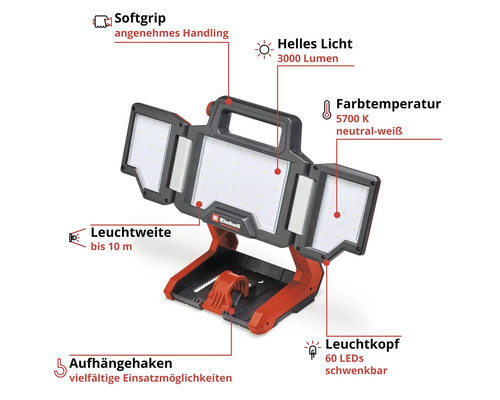 Einhell Akku-LED-Baustrahler mit schwenkbaren Leuchtköpfen