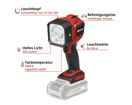 Akkustrahler mit schwenkbarem Leuchtkopf und Befestigungsöse