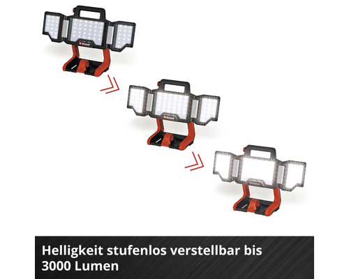 Einhell Logo. Akku-LED-Baustrahler mit stufenlos einstellbarer Helligkeit bis 3000 Lumen in verschiedenen Helligkeitsstufen.