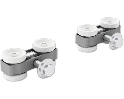 Zwei Schiebetürrollen mit grauer Halterung und weißen Rollen.