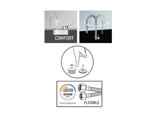 Komfort-Spültischarmatur mit drehbarem Auslauf, flexiblen Anschlussschläuchen und Ablaufgarnitur