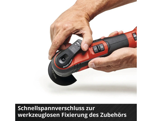 Detailaufnahme eines Multifunktionswerkzeugs mit Schnellspannverschluss zur werkzeuglosen Fixierung von Zubehör.