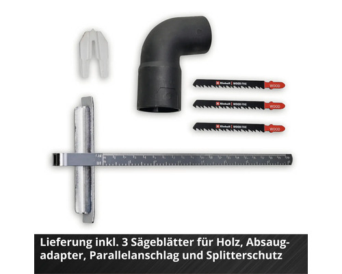 Set mit drei Sägeblättern für Holz, Absaugadapter, Parallelanschlag und Splitterschutz