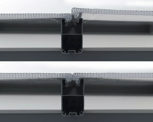 Detailaufnahme von Polycarbonatplatten, die in ein Aluminiumprofil eingesetzt werden