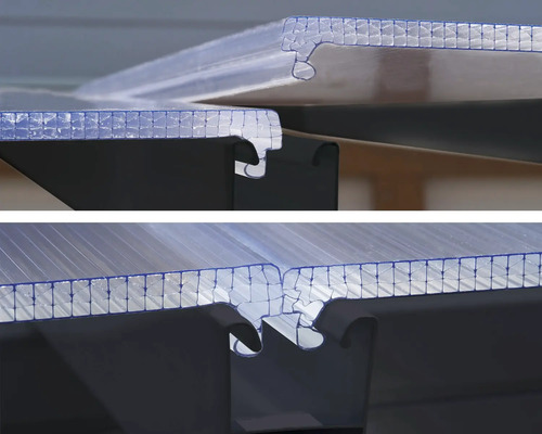 Detailaufnahme von transparenten Doppelstegplatten mit Verbindungsprofilen