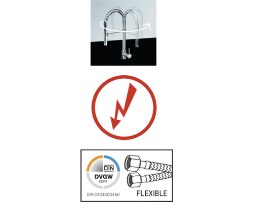 Küchenarmatur mit schwenkbarem Auslauf, Blitzschlag-Symbol, Trinkwasser-Zertifikat