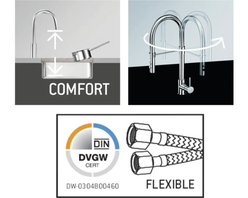 Komfort-Funktion einer Küchenarmatur, Schwenkbereich einer Küchenarmatur, DVGW Zertifizierung für Trinkwasser, Flexible Anschlussschläuche