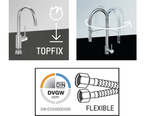 Produktmerkmale: Schnelle Montage, schwenkbarer Wasserhahn, DIN DVGW Zertifizierung, flexible Schläuche