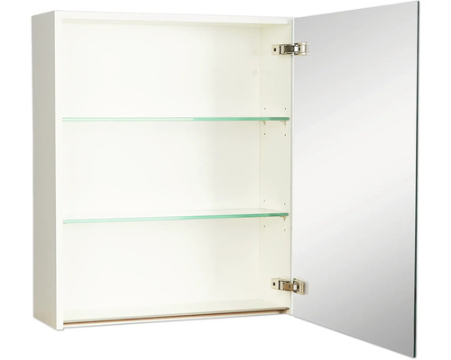 Geöffneter Spiegelschrank mit zwei Glasablagen für das Badezimmer