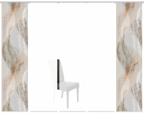 Schiebegardinen mit abstraktem Muster und Stuhl