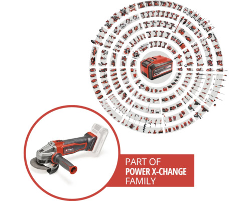 Teil der Power X-Change Familie: Akku-betriebener Winkelschleifer mit Akku und verschiedenen Werkzeugen